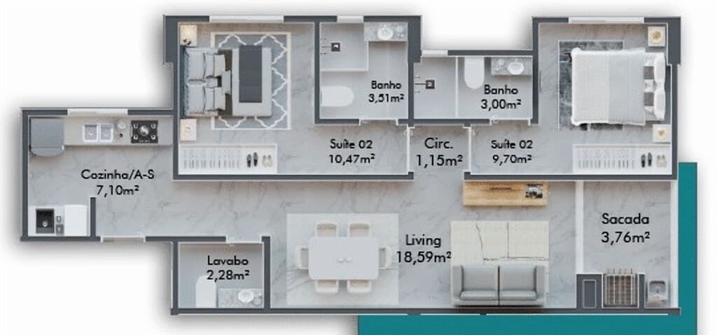 Apartamento · 69,94 m² · 2 dorms