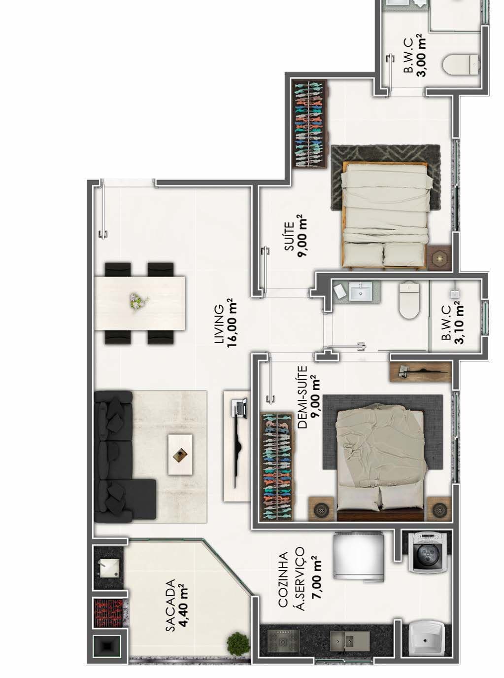 Apartamento · 62,9 m² · 2 dorms