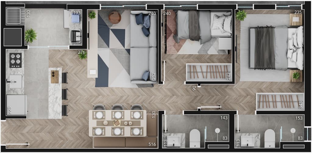Apartamento · 52,56 m² · 2 dorms