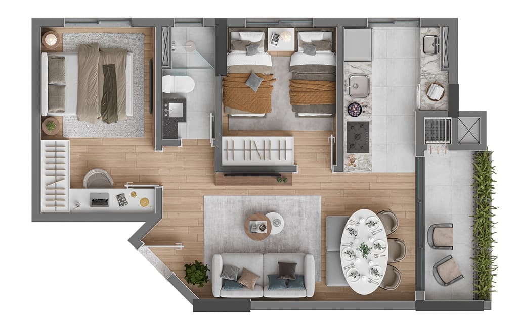 Apartamento · 51,4 m² · 2 dorms