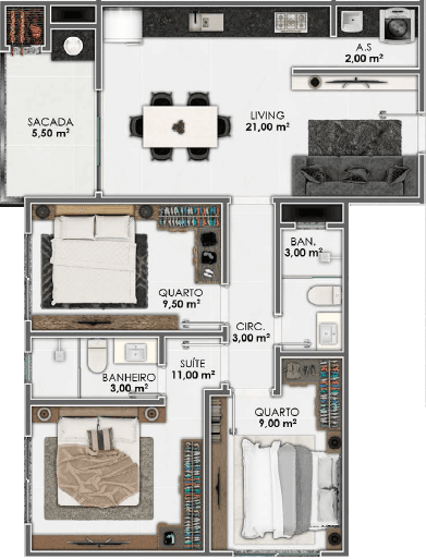 Apartamento · 70 m² · 3 dorms
