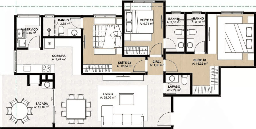 Apartamento · 122,1 m² · 3 dorms