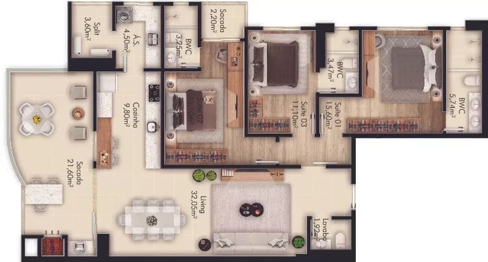 Apartamento · 151,7 m² · 3 dorms