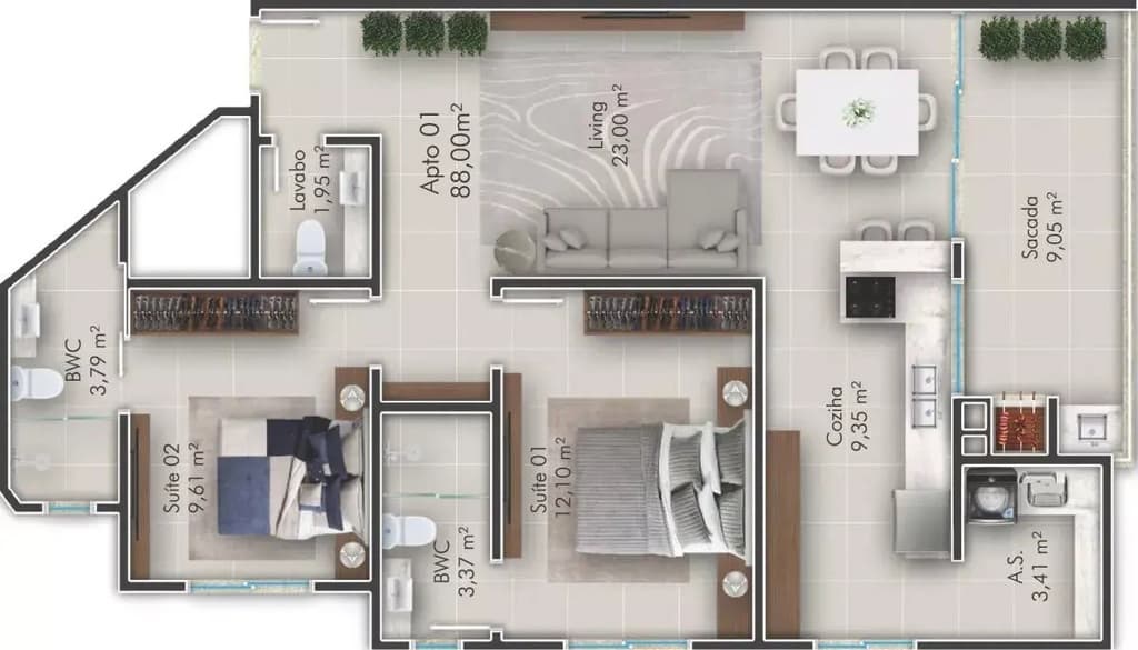 Apartamento · 87 m² · 2 dorms