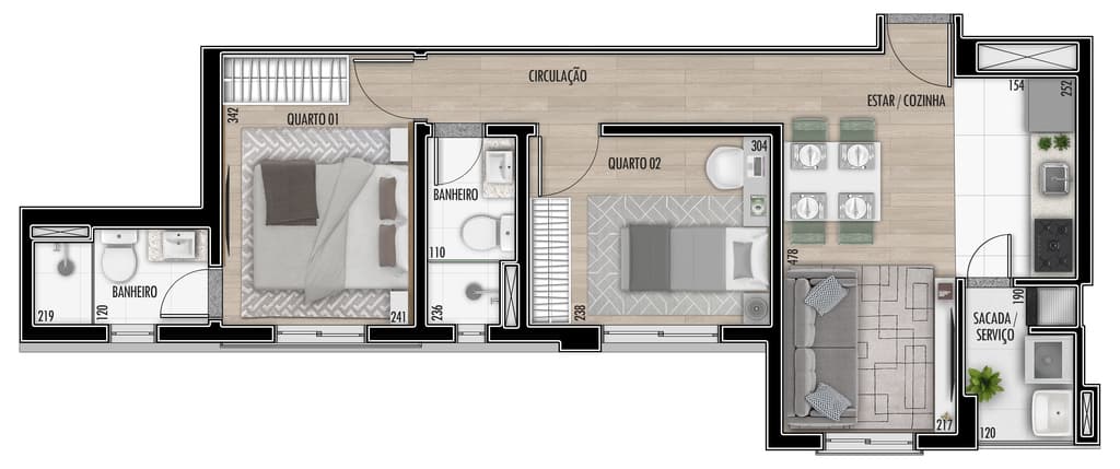 Apartamento · 51,11 m² · 2 dorms