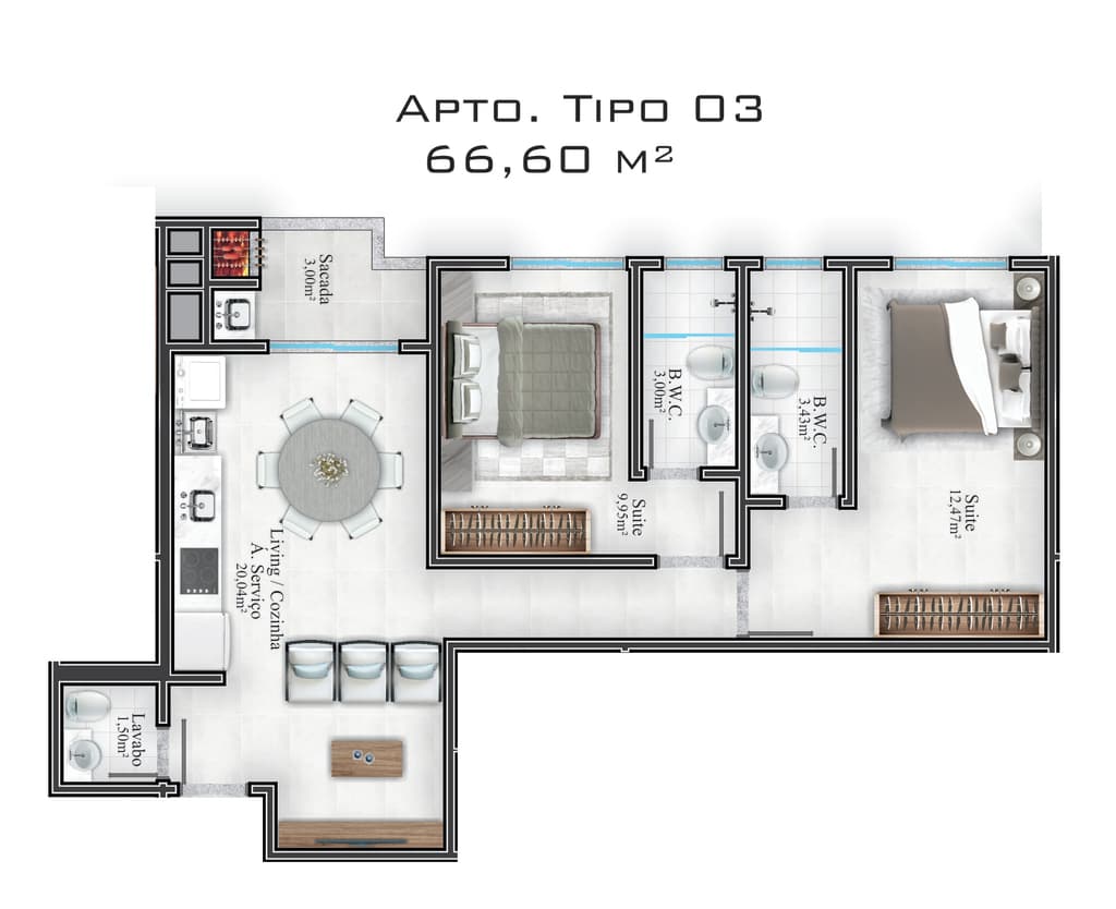 Apartamento · 62,95 m² · 2 dorms