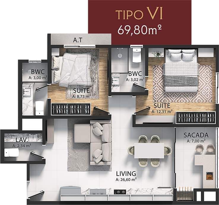Apartamento · 69,8 m² · 2 dorms