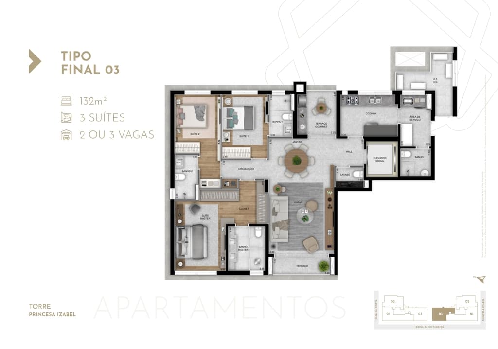 Apartamento · 132,56 m² · 3 dorms