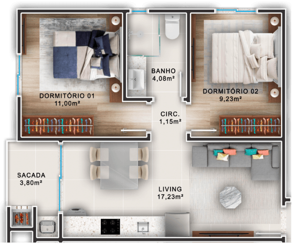 Apartamento · 57 m² · 2 dorms