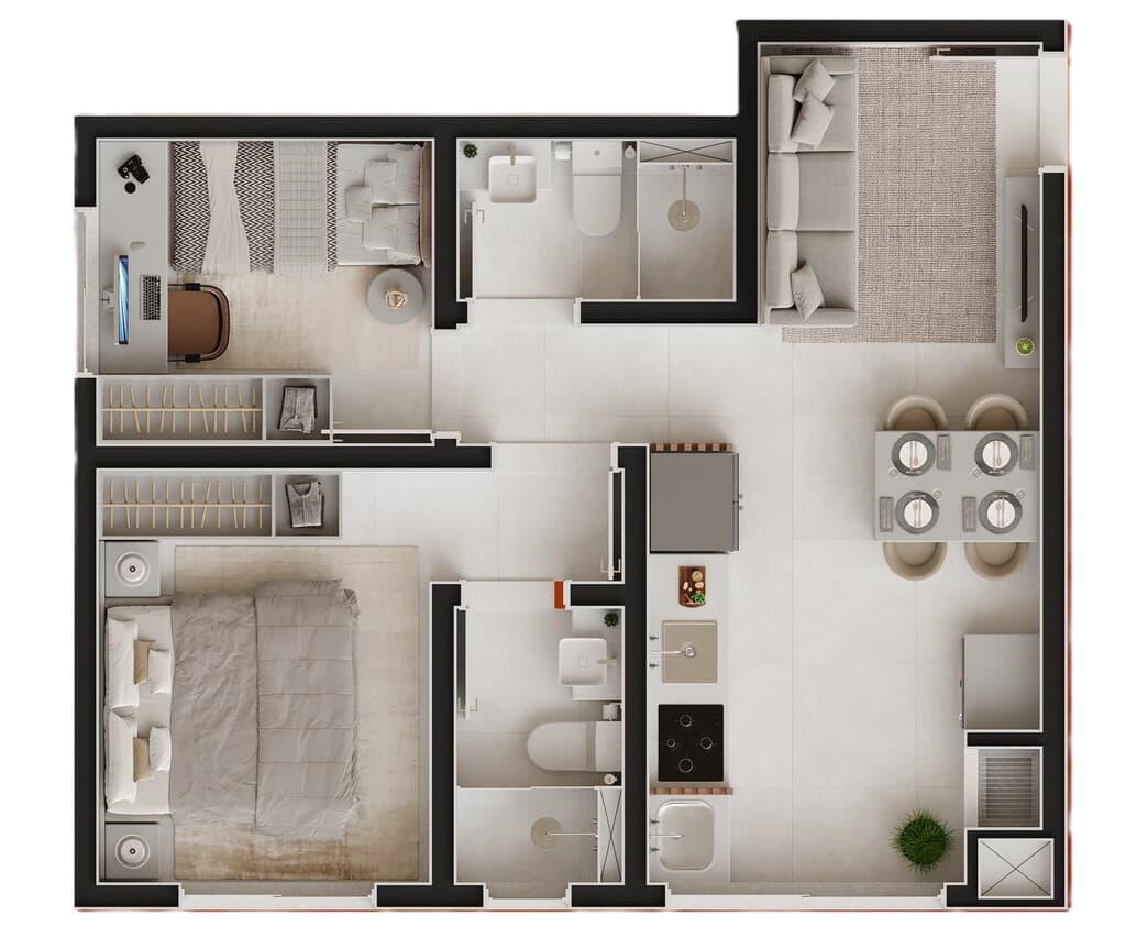 Apartamento · 42,83 m² · 2 dorms