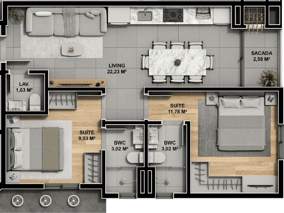 Apartamento · 64,35 m² · 2 dorms