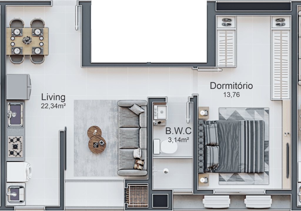 Apartamento · 45,74 m² · 1 dorm