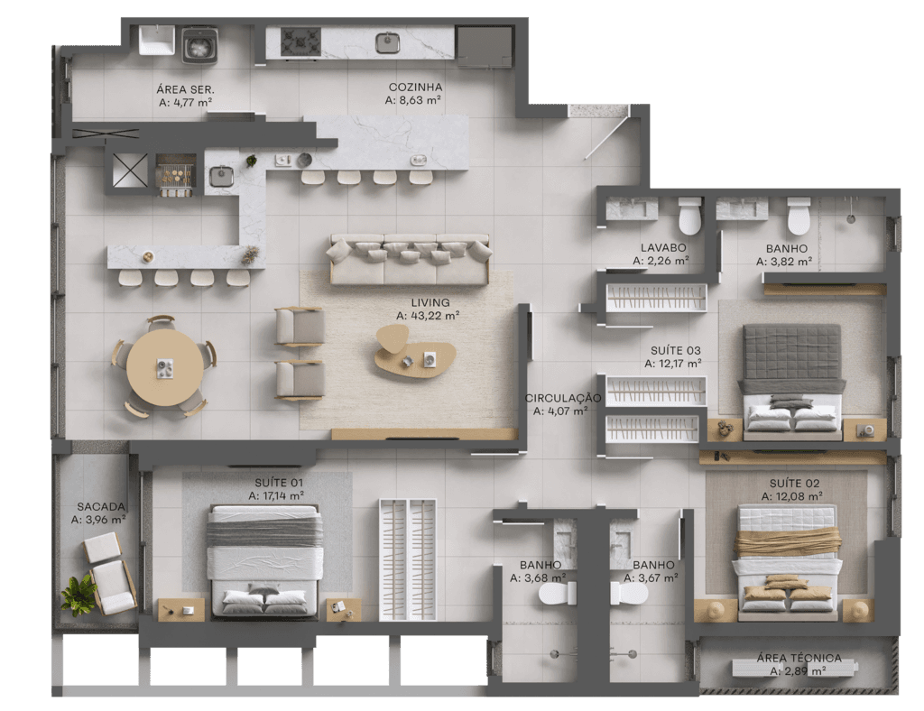 Apartamento · 143 m² · 3 dorms