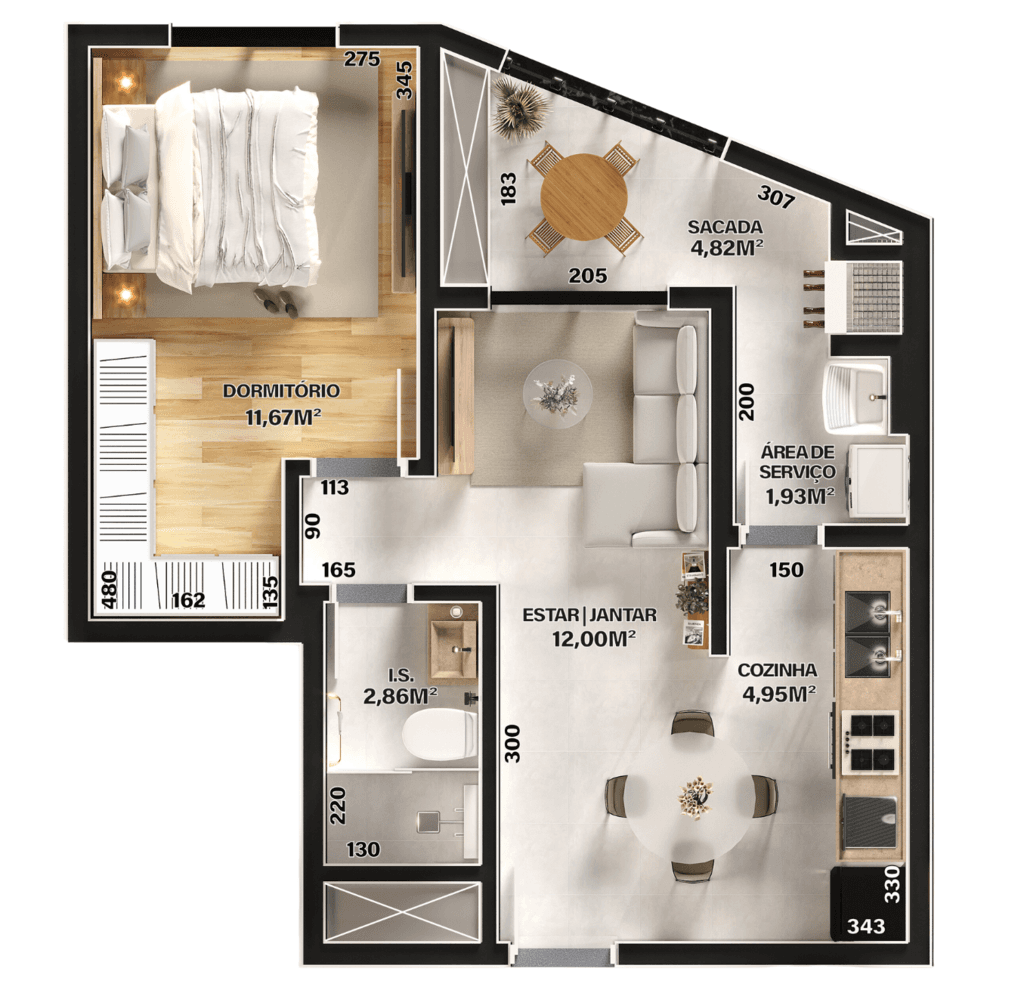 Apartamento · 46,4 m² · 1 dorm