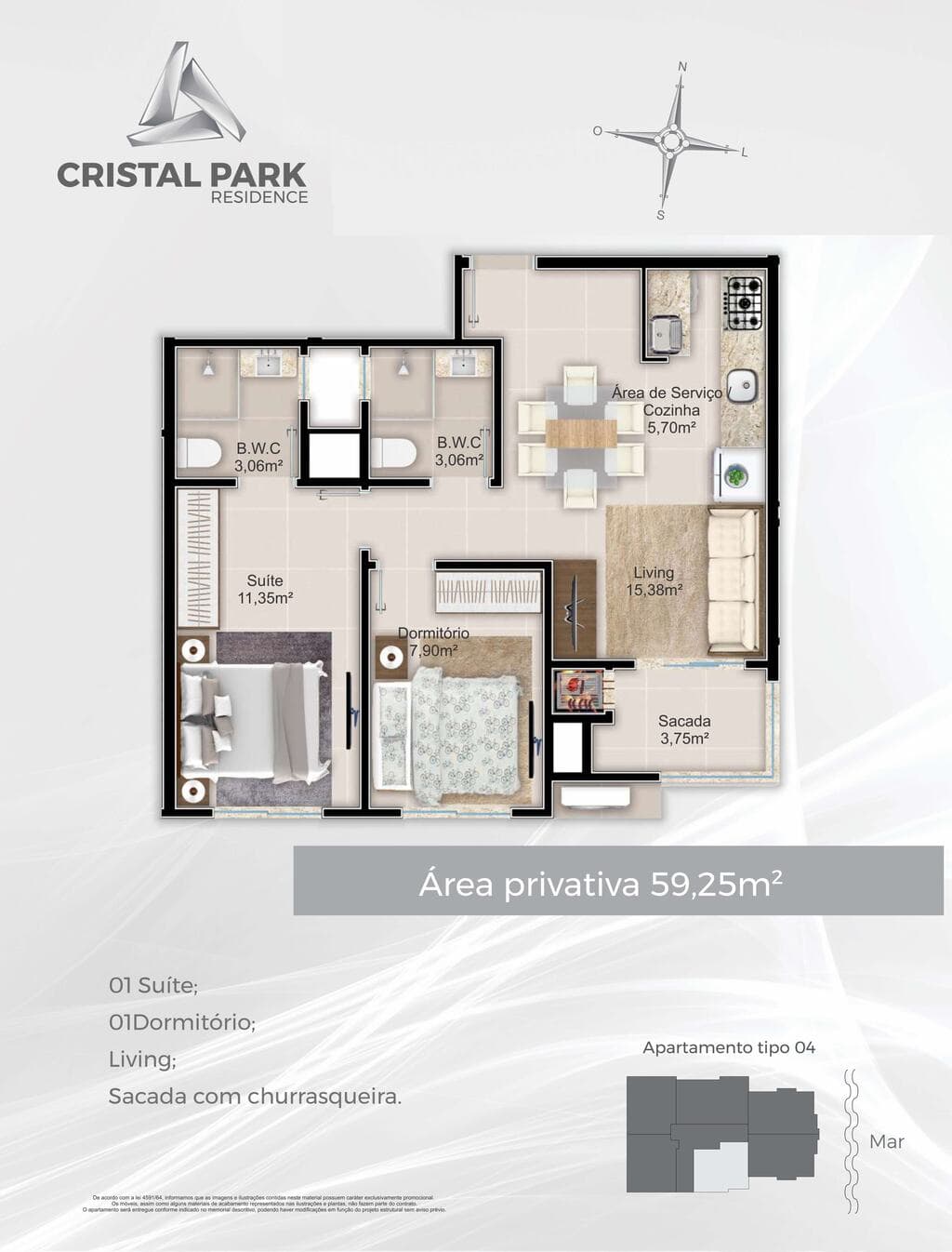 Apartamento · 59,25 m² · 2 dorms
