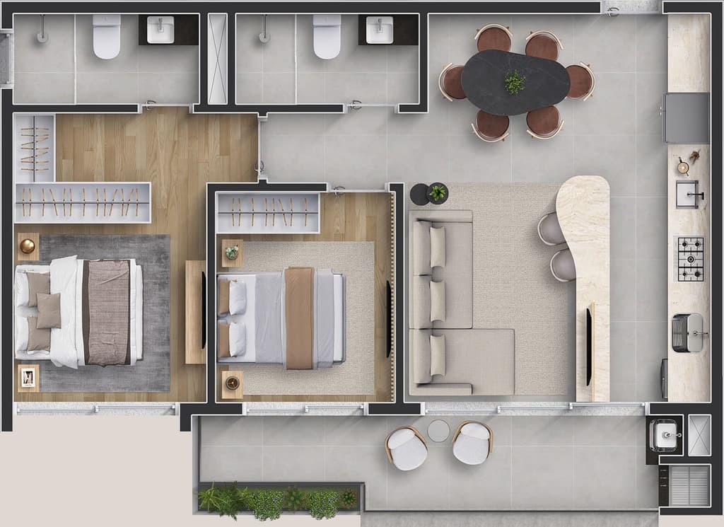 Apartamento · 72,58 m² · 2 dorms