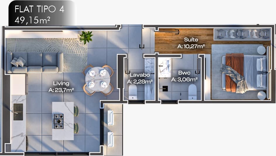 Apartamento · 49,15 m² · 1 dorm