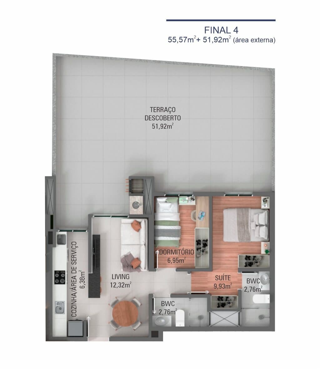 Apartamento · 55,91 m² · 2 dorms