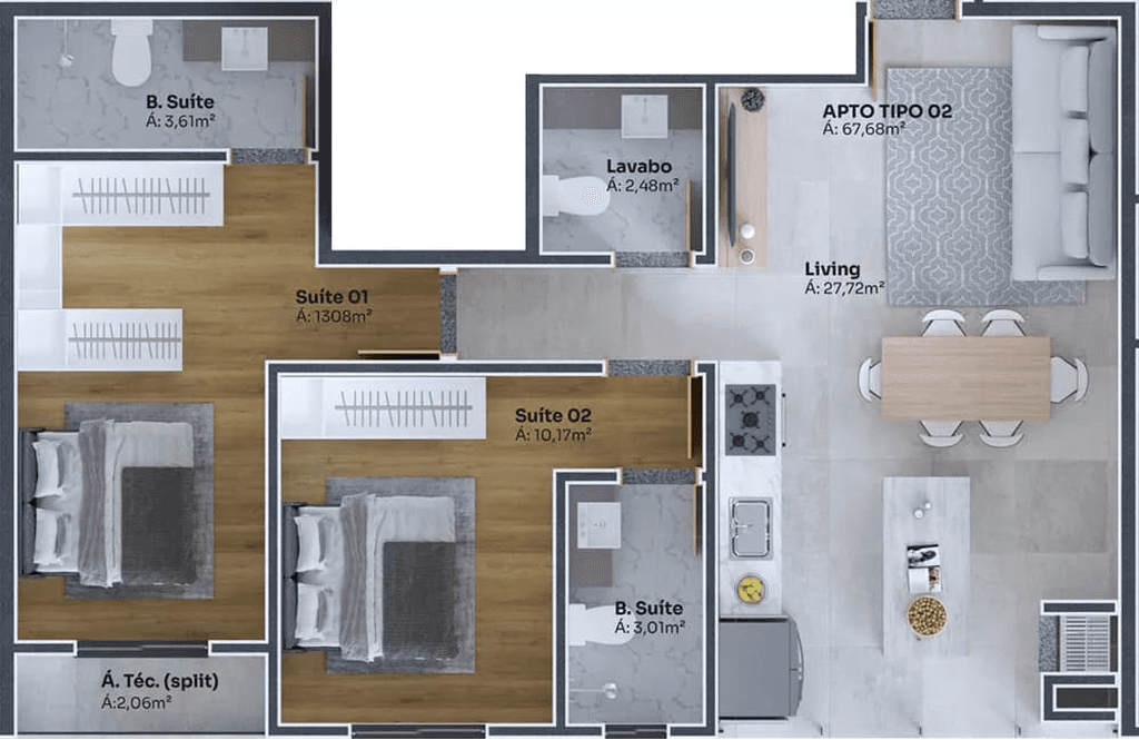 Apartamento · 67,68 m² · 2 dorms