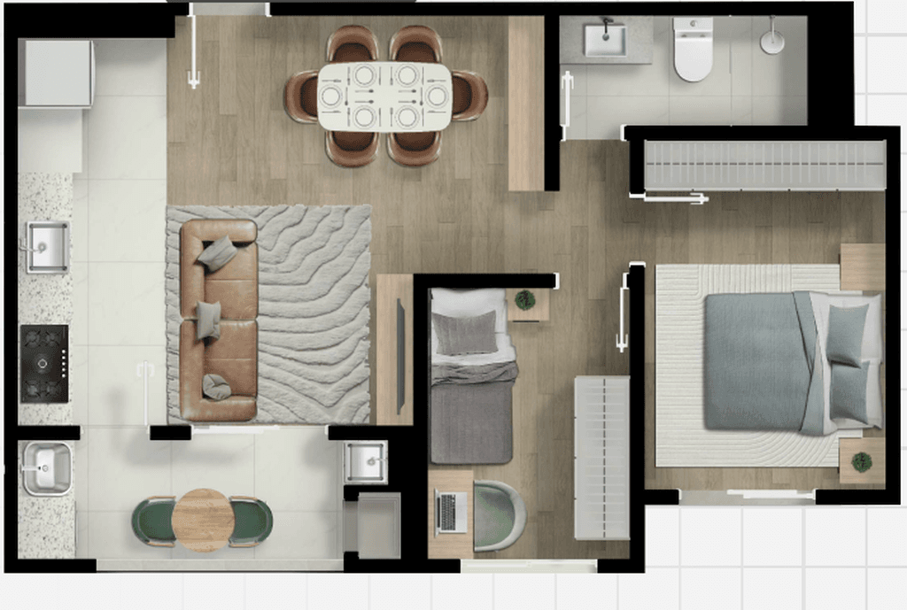 Apartamento · 56,09 m² · 2 dorms