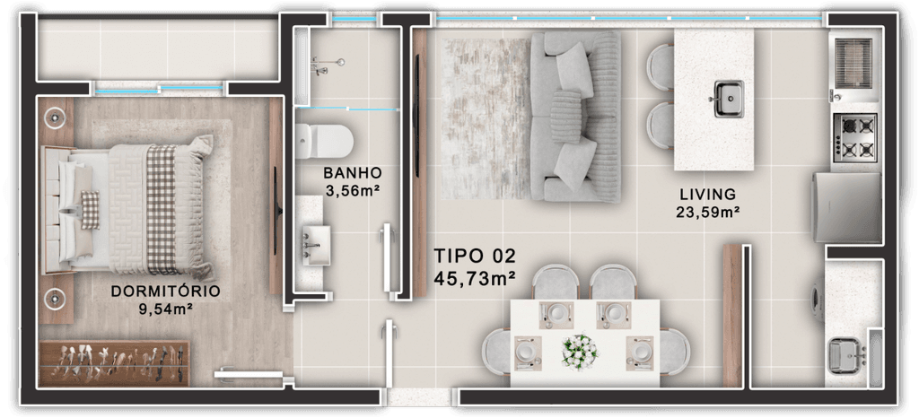 Apartamento · 45,73 m² · 1 dorm