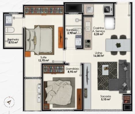 Apartamento · 61,6 m² · 2 dorms