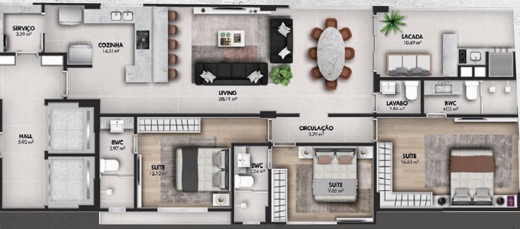 Apartamento · 125,6 m² · 3 dorms