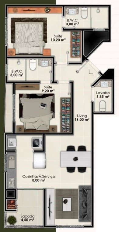 Apartamento · 68,53 m² · 2 dorms