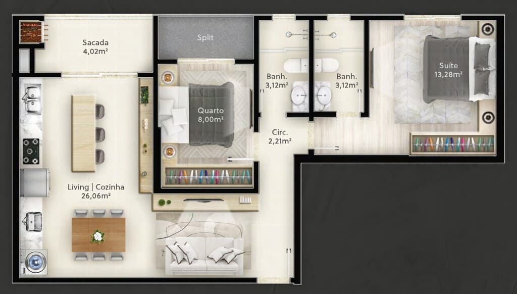 Apartamento · 65,5 m² · 2 dorms