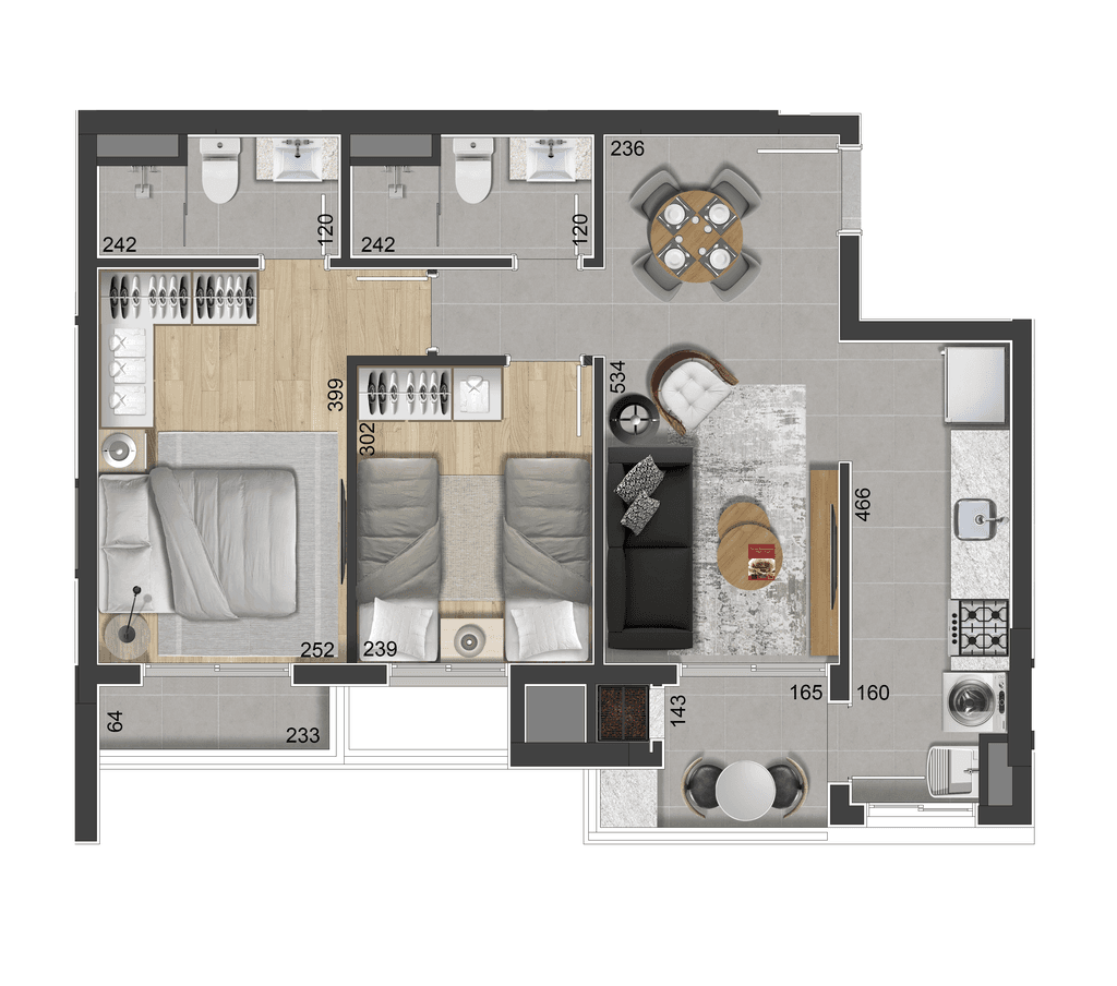 Apartamento · 60,59 m² · 2 dorms
