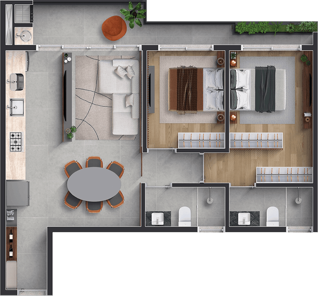 Apartamento · 75,92 m² · 2 dorms