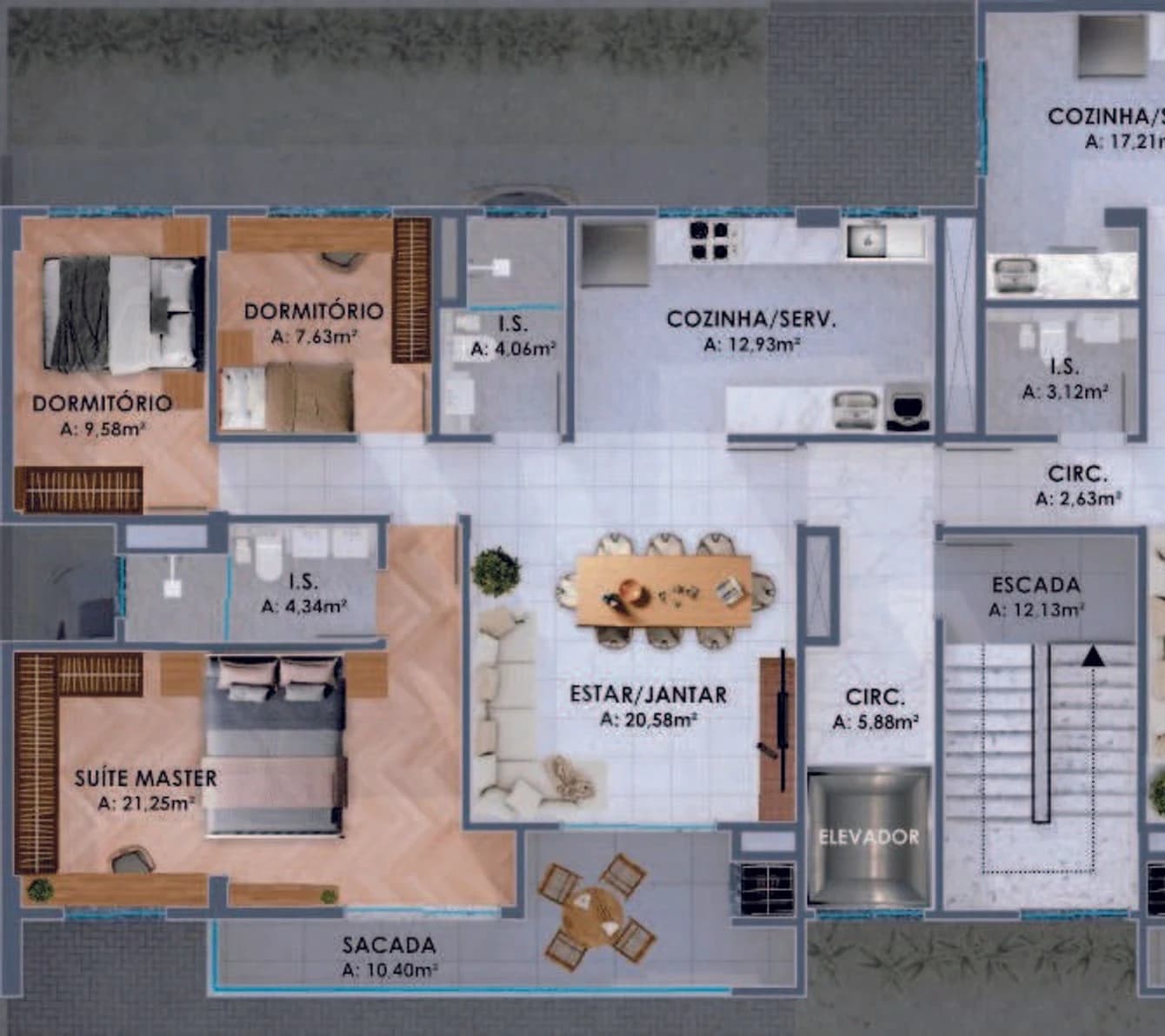 Planta 3 dormitórios · 108,78 m²