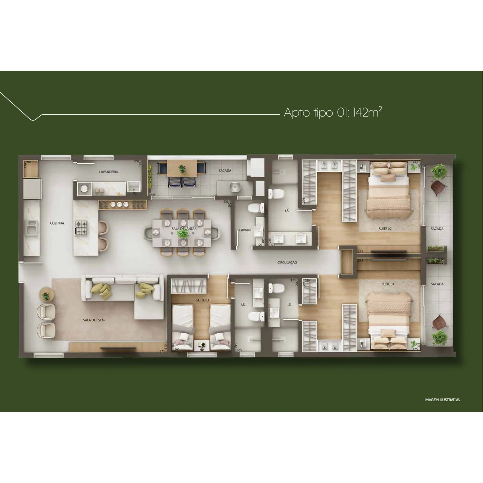 Planta 3 suítes 141 m²