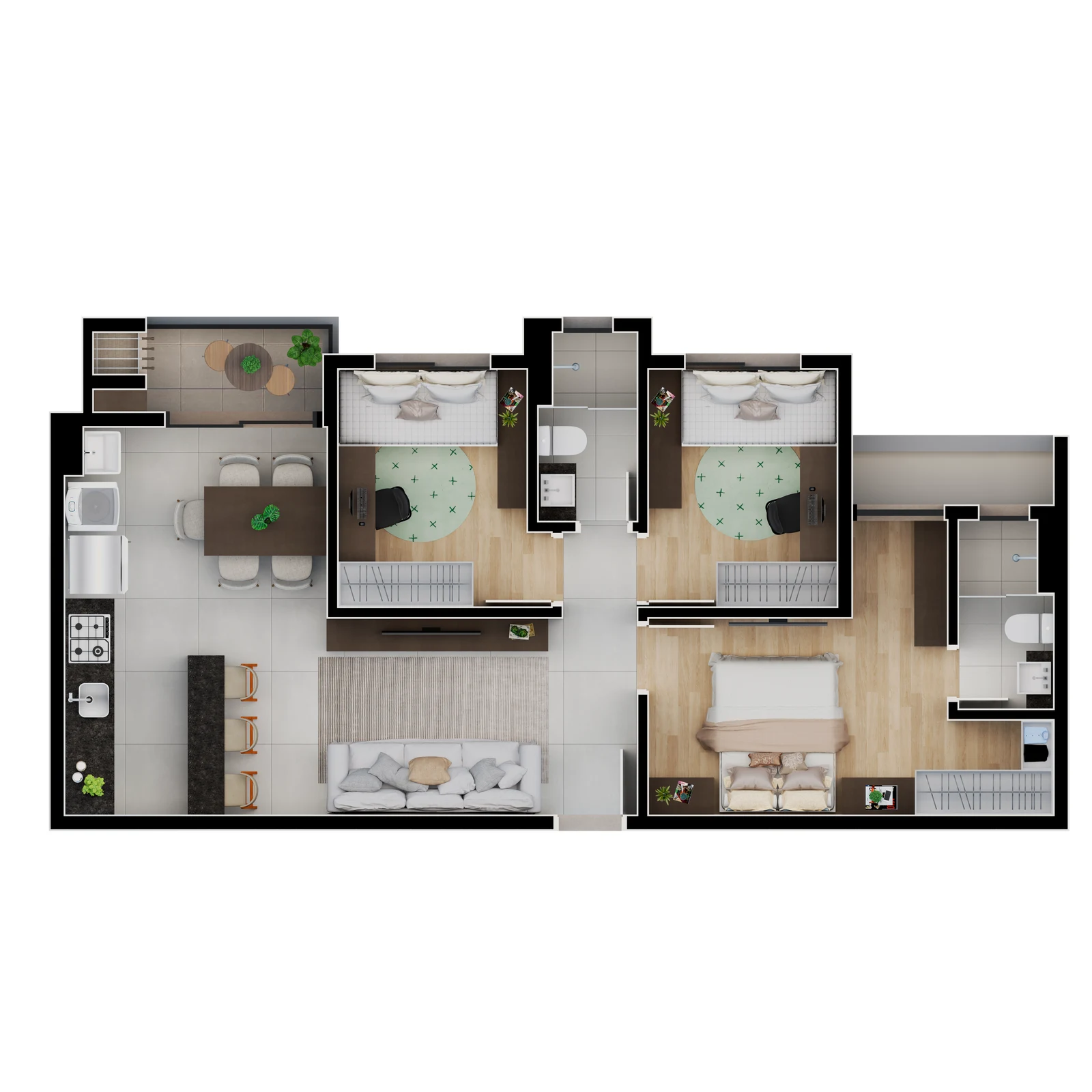 Planta Tipo 70 m² com suíte (2 ou 3 quartos)