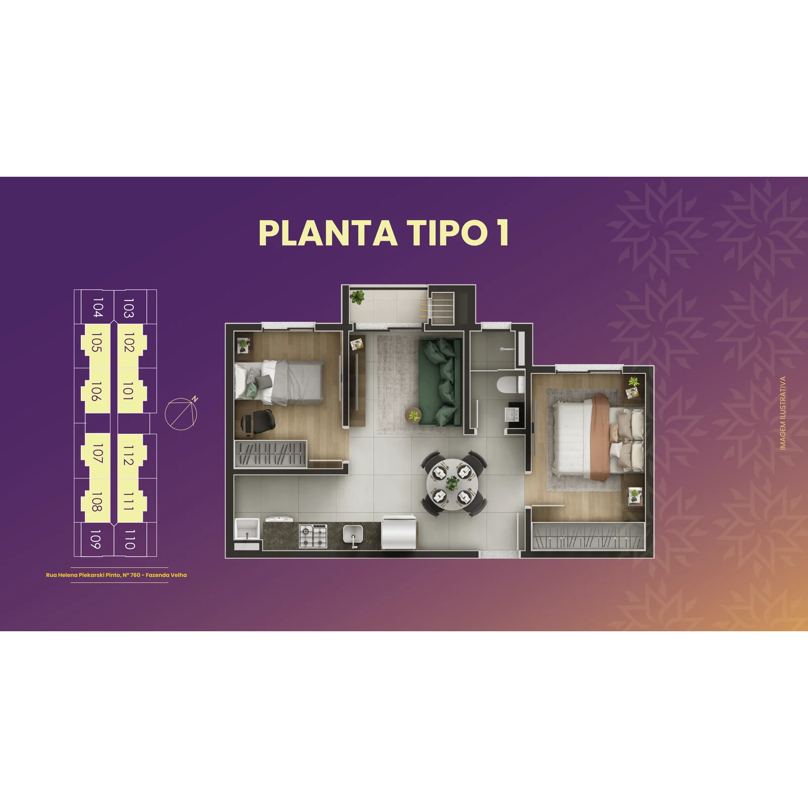Planta 2 quartos 43 a 45 m²