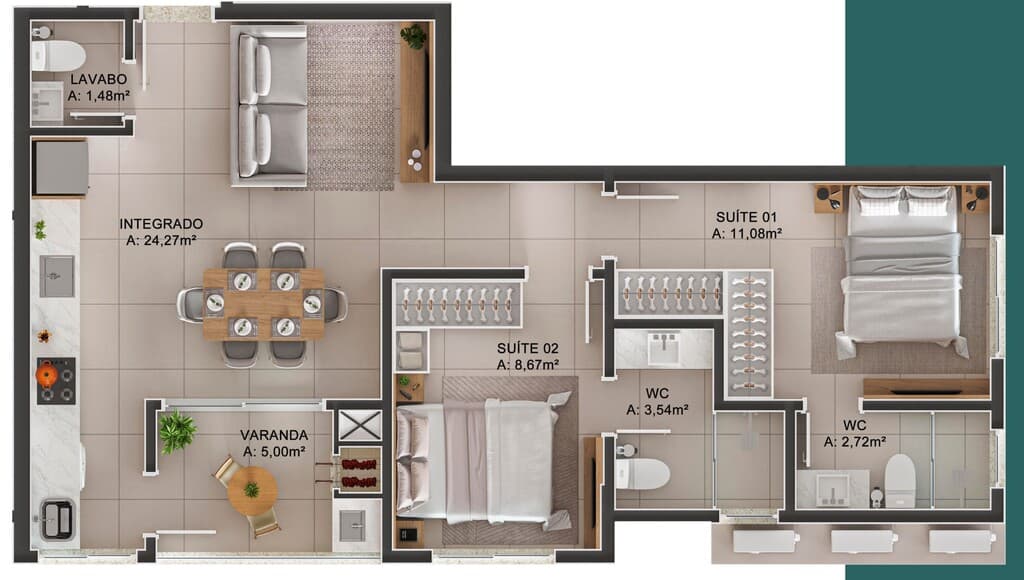 Apartamento · 64,95 m² · 2 dorms