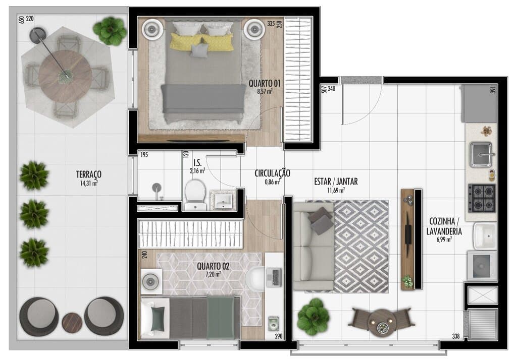 Apartamento · 48,06 m² · 2 dorms