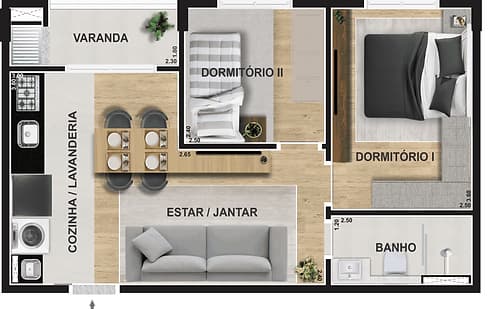 Apartamento · 45,87 m² · 2 dorms