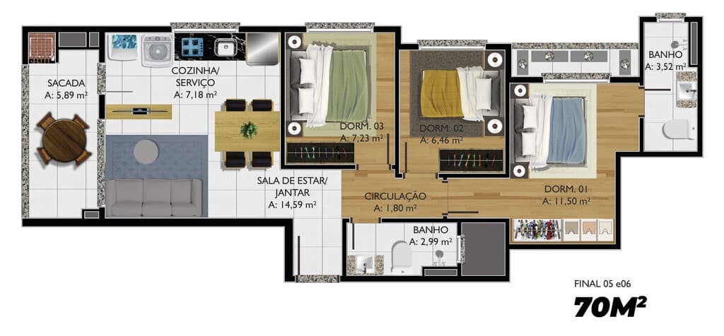 Apartamento · 70 m² · 3 dorms