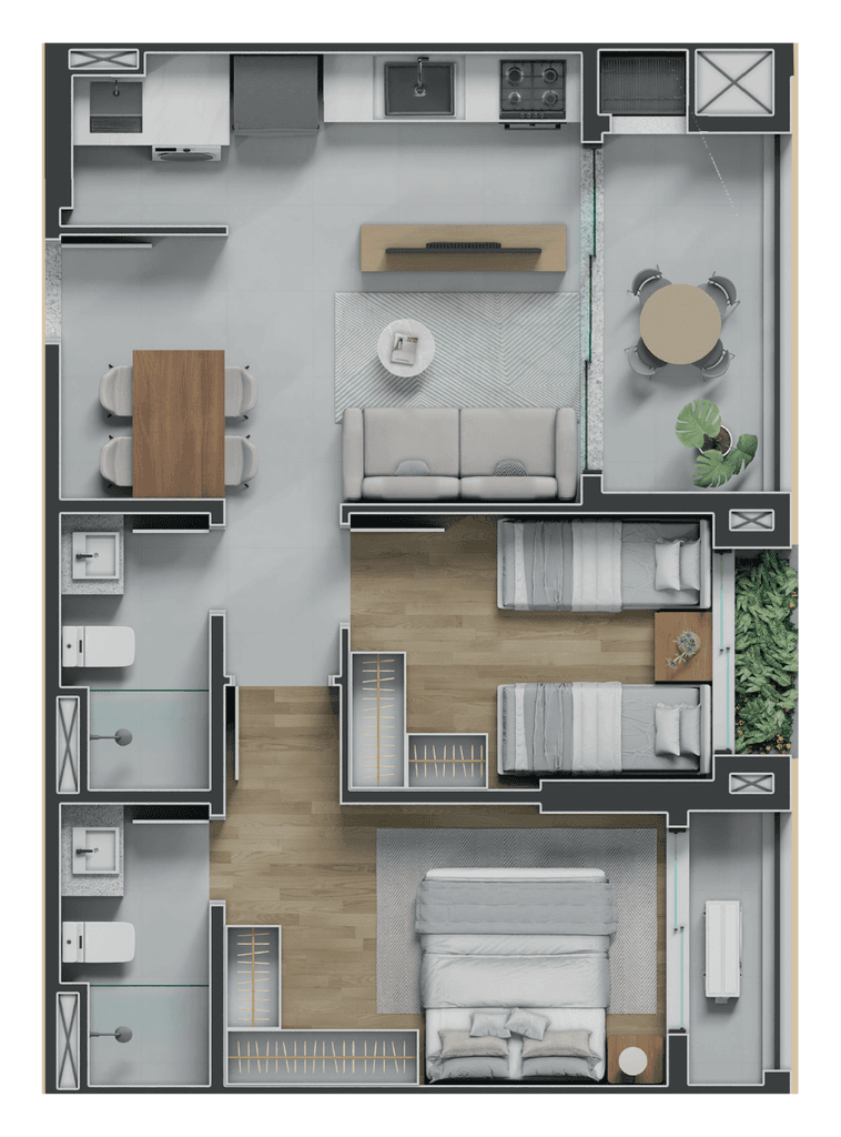 Apartamento · 60,6 m² · 2 dorms